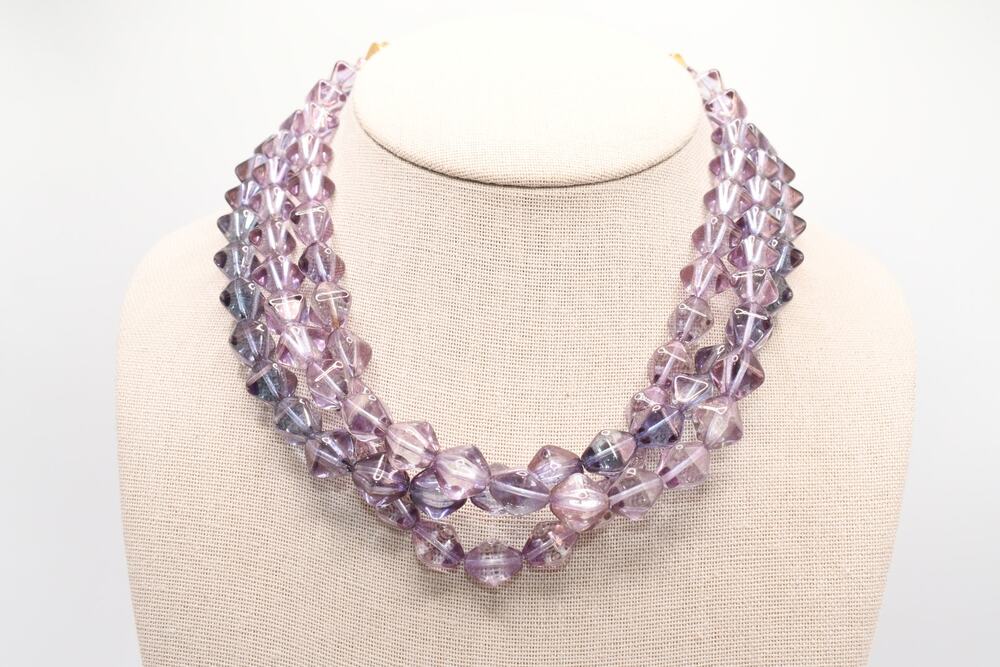Vintage Lavender Glass Bead Necklace 3 Strand Purple Blue 17"